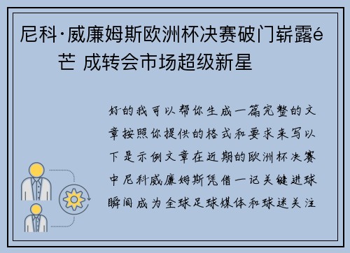 尼科·威廉姆斯欧洲杯决赛破门崭露锋芒 成转会市场超级新星 尼科·威廉姆斯欧洲杯决赛破门崭露锋芒 成转会市场超级新星